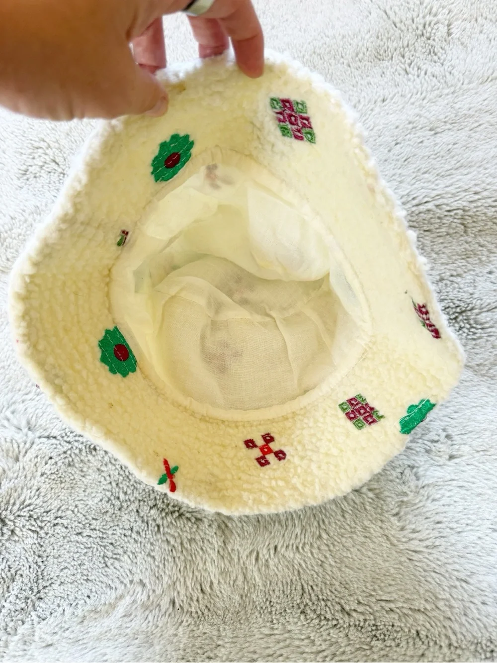 Urban Outfitters Cream Sherpa Bucket Hat with Green & Red Embroidery